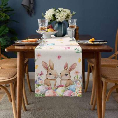 Coelho da Páscoa, Ovos, Caminho de Mesa Floral, Decoração de Festa, Caminho de Mesa de Cozinha/Sala de Jantar com Coelho e Flores em Estilo Fazenda, Decoração de Páscoa
