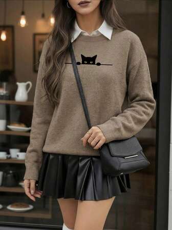 Damkläder för vardagsbruk Katt, Tittar Pose, Horisontellt Linjeelement Rund hals Långärmad Casual Vår/Höst/Vinter Damtröja/Damluvtröja Alla hjärtans dag/Tillbaka till skolan Vinterkläder för kvinnor Söta Toppar