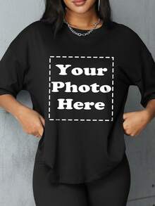 Customized Personalized Sports Gift, Including Plus Size Women's T-Shirt. Add Your Own Photos (Selfie/Landscape/Family/Friends/Couple/Patterns/Pets, Etc.) To Design Your Unique Personalized Printed T-Shirt, The Perfect Gift For Girlfriend, Partner Or Loved One. Black Summer - Black - View 1