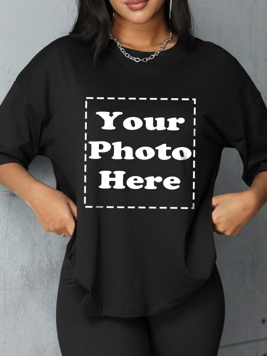Customized Personalized Sports Gift, Including Plus Size Women's T-Shirt. Add Your Own Photos (Selfie/Landscape/Family/Friends/Couple/Patterns/Pets, Etc.) To Design Your Unique Personalized Printed T-Shirt, The Perfect Gift For Girlfriend, Partner Or Loved One. Black Summer - Black - View 1