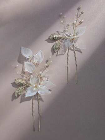 2 st hårspännen med vita blommor och gyllene blad i pärlor för kvinnor, lämpliga för vardagsbruk och bröllop