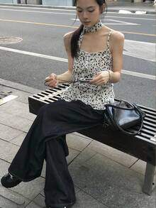 夏季豹纹荷叶边无袖露脐上衣，性感吊带宽松吊带衫，休闲白色 - 白色 - 查看 7