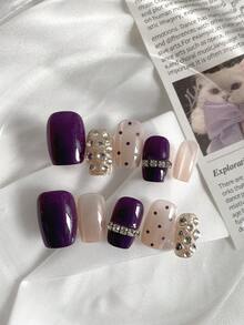 10PCS Press On Nails, Purple & Pastel Pink Rhinestone Design, Reusable Fake Nails For Party/Wedding, 4-Season Waterproof & Shiny Manicure,Valentine Nails,Purple Nails,Includes Jelly Gel And Nail File - Violet Purple - View 2