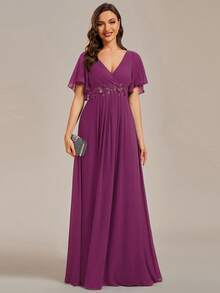 Elegant V-Neck Embroidered Ruffle Sleeve Pleated Chiffon Bridesmaid Dress, Formal Dress, Wedding Guest Dress Spring - Red Violet - View 5