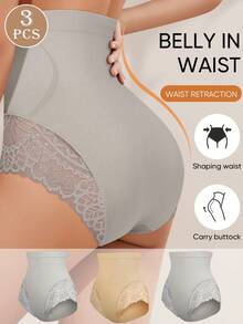 MEIYATING 3pcs High Waist Seamless Shaping Panties, Lace Pattern Underwear For Women - Multicolor - View 2