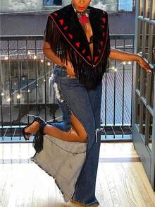 Valentine's Day, Date Night Outfit, Gifts For Her Women's Black Fringed Western Vest - Red Triangle Trim & Open Front Design |Bold Decorative Detail For Night Out, Fashion Gatherings & Western-Themed Parties For Daring Stylish Looks - 黑色 - 查看 3