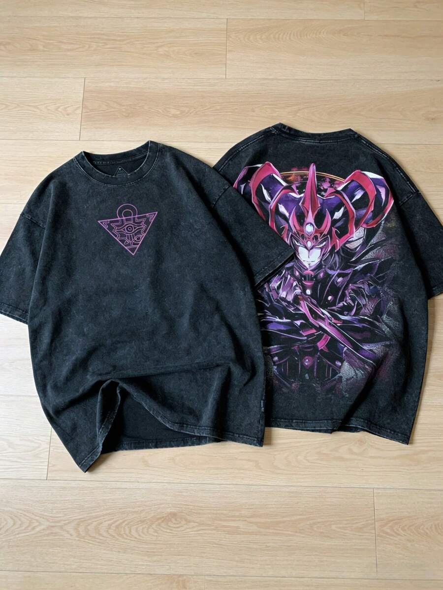 Retro-Style Comic And Anime T-Shirts, Dark Art Gothic Legendary Card Game Print T-Shirts, Casual Futuristic Washed Cotton Men's T-Shirts, Gifts For Gamers And Anime Lovers, Otaku T-Shirts, Gothic Y2K Tops,  Streetwear. - 黑色 - 查看 1