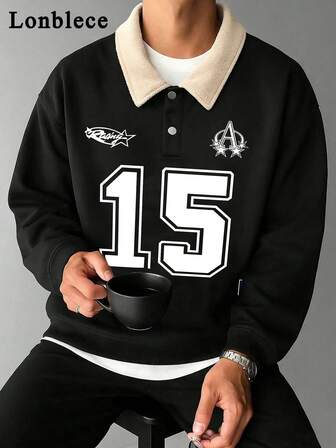 Lonblece 1 قطعة بلوزة بياقة بولو مطبوع عليها أرقام وحروف لرجال الشارع بطراز بريبي، كاجوال وشبابي للارتداء اليومي