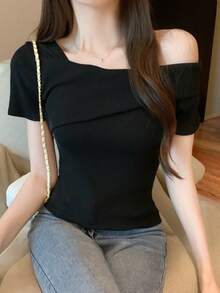 Rikumo Áo thun nữ thiết kế trễ vai, kiểu dáng tối giản tay ngắn, màu đen, thích hợp mặc thường ngày mùa hè. - màu đen - Xem 6