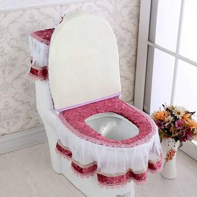 Juego de funda para asiento de inodoro, suave y cálido, con diseño de patchwork de encaje, para tapa de inodoro, cubierta para tanque de agua, decoración de baño