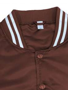 Men Solid Varsity Bomber Jacket Waterproof Fall Winter Summer Lightweight All Season Striped Trim Slant Pockets Baseball Jacket Snap Button - Brown - View 2