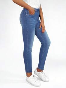 女士休闲百搭低腰修身牛仔裤，带口袋，刺绣牛仔长裤，适合秋冬季穿着 - 中等水洗藍 - 查看 4