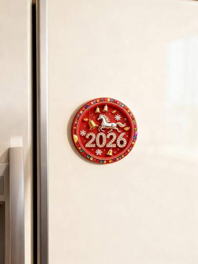 这款大型磁性冰箱贴专为2026年虎年设计，采用马蹄铁和铃铛形状，并饰以红宝石/祖母绿珠子，背面带有磁铁，可吸附在白板上——是一款适合家居、办公室、汽车和冰箱的节日装饰品。
