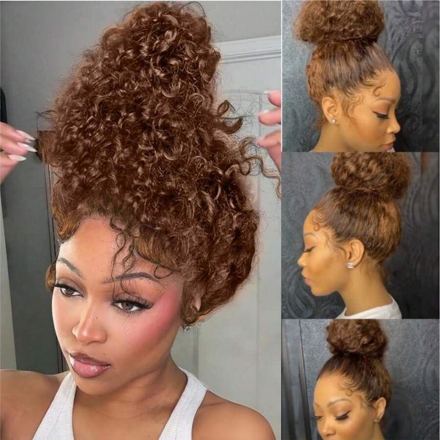 ZHENDEFA Wear & Go 360 Degree Lace Front Wig, High Definition Transparent Full Lace Front Wig, Pre-Plucked, 200% Density Baby Hair, Brown Curly Hair, Can Be Styled Into Bun And High Ponytail, No Glue Needed, Suitable For Women To Attend Parties, Weddings And Christmas Events - S4 - View 1