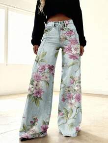Women'S Vintage High-Waisted Wide-Leg Imitation Faux Denim - 3D Floral Print (Pink/White) Stretch Comfortable Long Pants With Beltless Design, Machine Washable Winter Cowboy Faux Denim For Casual & Semi-Formal Outfits - Retro Western Style Trousers - Nhiều màu - Xem 2