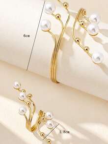 1 Set Of 2pcs Fashionable & Elegant Hollow Geometric Sparkling Faux Pearl Bracelet & Ring Jewelry Set For Women - Multicolor - View 2