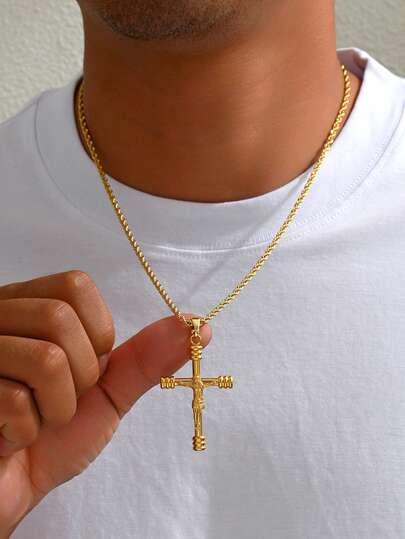 1pc Men's 18K Gold Plated Vintage Cross Pendant Necklace, 3D Jesus Statue + Cross Design Pendant Necklace, Suitable For Personalized Outfits, Fashion Matching Occasions, And Faith Outfits