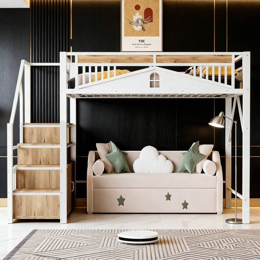 Kids Bed Frames, Headboards & Footboards - White + Metal & Wood + 140cm*200cm-2 - View 1
