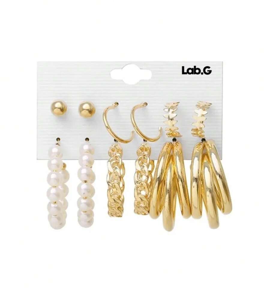 Aretes Set Arracadas Broquel Doradas Perla  Para Mujer 12p S2BC - Dorado - Ver 1