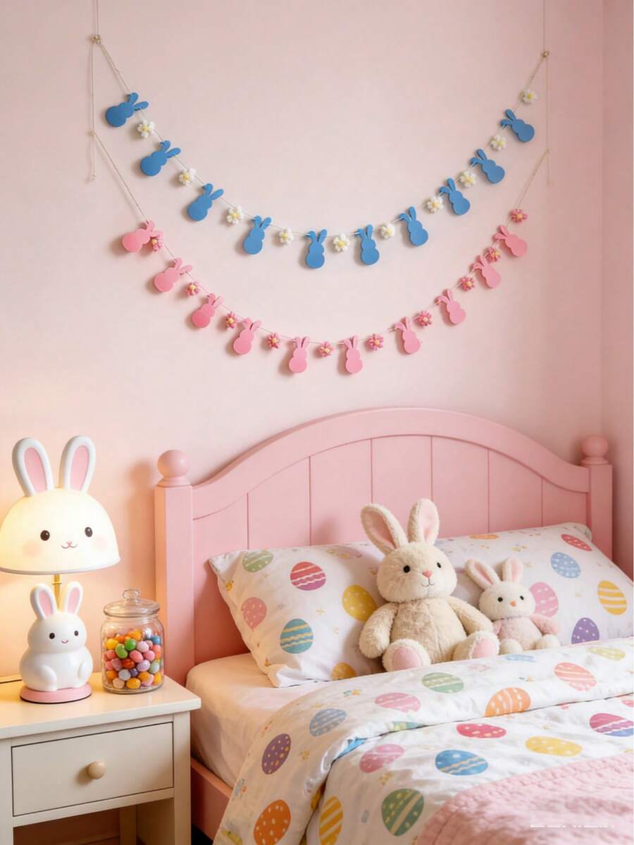 1pc Easter Bunny Wreath, Pink & Blue Felt Rabbit Banner, Spring Holiday Party Decor, Boho Floral Garland, Holiday Home Wall Decor, Lightweight Fabric Party Banner, Living Room Fireplace Mantel Decor, Rustic Boho Easter Decoration, Spring Event Decor, Colorful Felt Animal Wreath