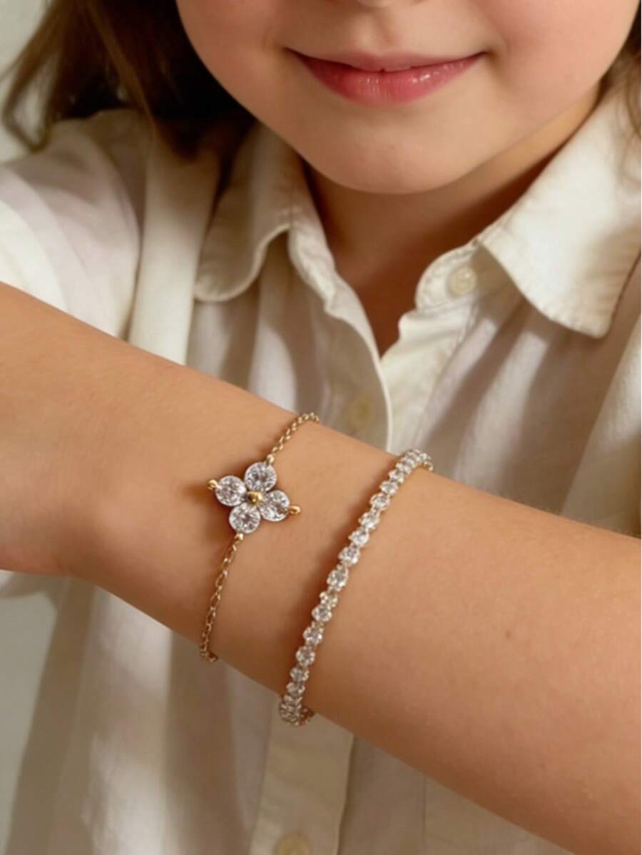 1 Set Cubic Zirconia Flower Beaded Bracelet With Crystal Chain Double Layer Bracelet Set, Suitable For Girls Everyday, Date, Party, Social Occasions - Multicolor - View 1