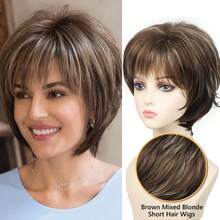 Women'S Elegant Elf Haircut Wig - Short Brown With Golden Highlights, Natural Looking Synthetic Hair With Bangs - Brown Highlight - View 3