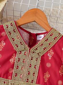 Girls' Spring/Summer New Ramadan Dress, Burgundy Foil Floral Pattern + Lace Crochet Trim, Children's Traditional Embroidered Formal Dress - Red - View 7