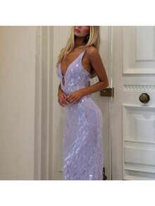 Summer New Sequin Long Dress Celebrity Style Suspender Backless Sequin Dress - 紫色 - 查看 2
