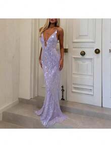 Summer New Sequin Long Dress Celebrity Style Suspender Backless Sequin Dress - 紫色 - 查看 3