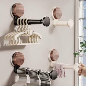 1pc Retractable Wall-Mounted Clothes Hanger Rack, Suction Cup Vintage Style Multi-Function Balcony Storage Rack
