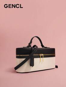 Nordic Color Block Women's Tote Bag, Patchwork Bucket Lunch Bag Style Handbag, Lightweight Luxury Top Handle Shoulder & Crossbody Bag For Work, Travel, Shopping & Daily Commute - 黑色 - 查看 2