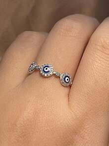 S925 纯银几何戒指，镶嵌闪亮锆石和邪眼图案，高品质女士珠宝 - 銀色 - 查看 11