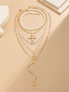 1 Set Punk Hip-Hop Style Micro-Inlaid Faux Pearl Cross Pendant Beaded Necklace Set, Fashionable & Elegant Micro-Inlaid Rhinestone Faux Pearl Cross Pendant Multi-Layer Necklace Set, Suitable For Women's Daily, Vacation, Party Wear - Gold - View 5