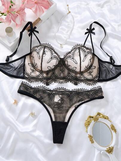 EverydayBra 1 Set Of 2-Piece Women's Black Embroidered Floral Daily Underwear Set, Bow Strap Underwear And Triangular Underwear, Comfortable And Cool, Comfortable And Stylish At Home