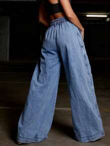 Women Harem Denim Pants Causal High Waist Wide Leg Baggy Solid Color Trousers With Pockets - Màu xanh lam - Xem 4