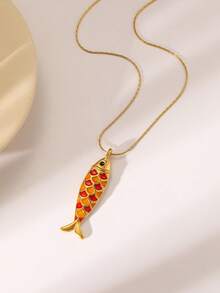 1pc Fashionable Exquisite Cute Colorful Shiny Fish-Shaped Stainless Steel Necklace, Suitable For Women's Daily Wear, Ocean Theme Series, Beach Accessory, Ideal Gift For Women's Beach Jewelry, Wedding, Engagement, Party, Halloween - Yellow Gold - View 3