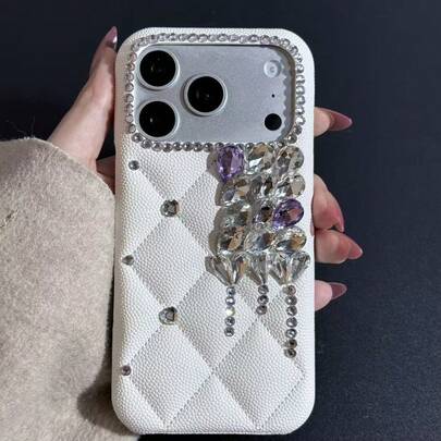 Elegant Rhombus Fashion Silver-Purple Rhinestone White Leather Phone Case Compatible With IPhone 17 Pro Max/17 Pro/17, 16 Pro Max/16 Pro/16, 15 Pro Max/15 Pro/15, 14 Pro Max/14 Pro/14, New 13 Pro Max/13 Pro/13 Rhinestone Leather Phone Case