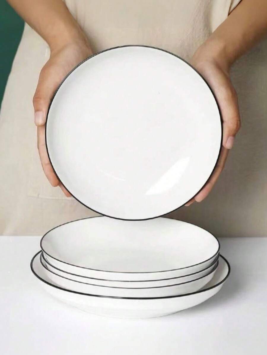 4pcs Ceramic Plates, 7-Inch Minimalist Japanese-Style Pasta/Rice Plates, 8-Inch Ceramic Salad Plates, White Minimalist Design, Dessert/Sandwich Plates, Oven, Microwave & Dishwasher