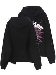 Men's Hip Hop Spider Web Pattern Graphic Alphabet Print Harajuku Vintage Hoodie Long Sleeve Street Wear Top For Both Men And Women Oversized Hoodies,Christmas Gifts For Bf,Essential Hoodies - màu đen - Xem 4