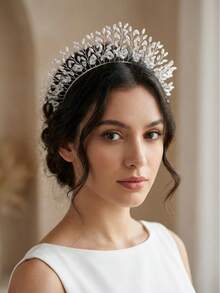 1件装女士时尚串珠工艺竖款皇冠头饰，欧美新娘装饰优雅头饰情人节配饰