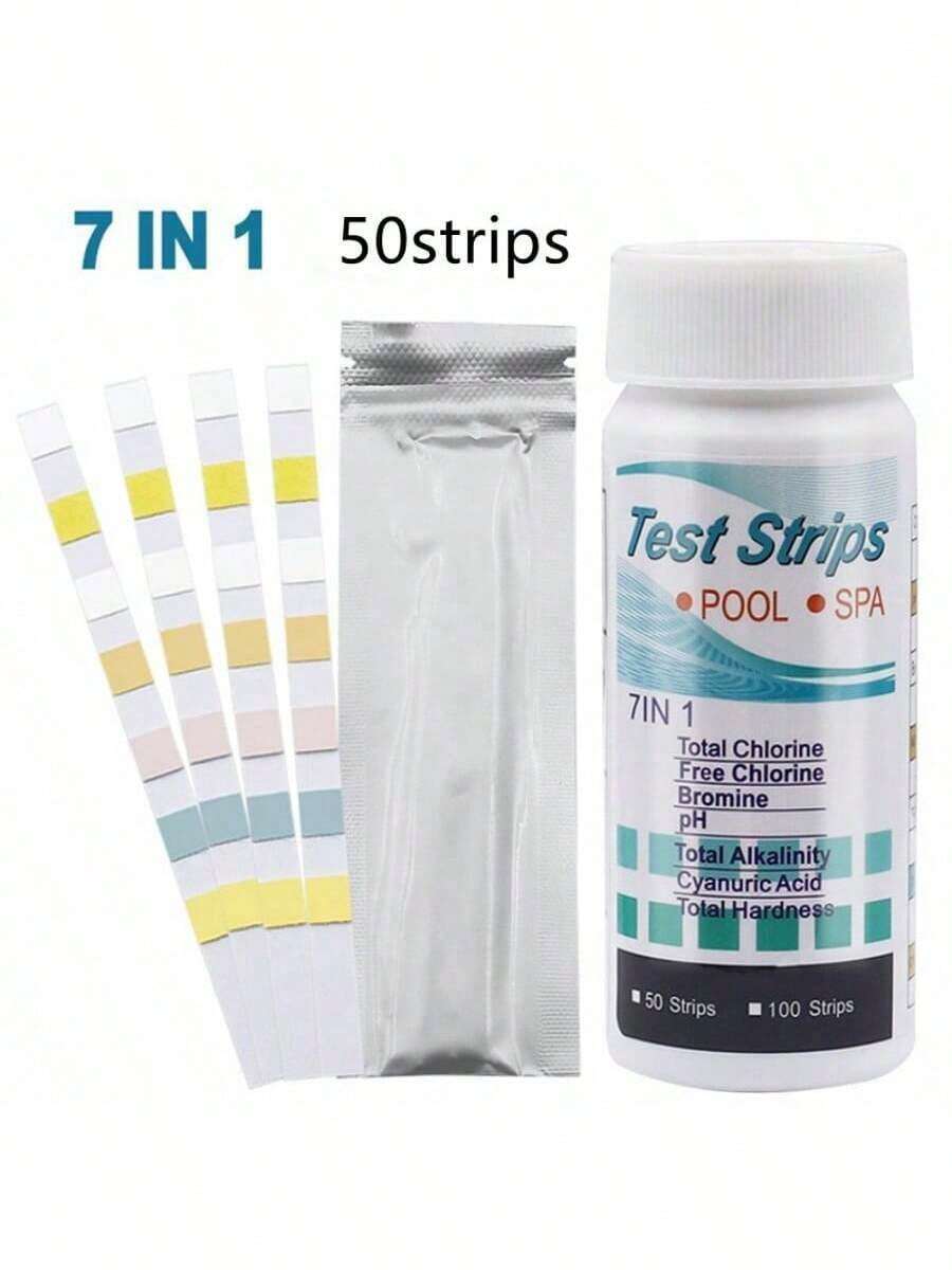 Tiras de prueba de calidad del agua 7 en 1, 50 piezas, tiras de prueba multifuncionales para piscina y spa, tiras de prueba para jacuzzi, miden con precisión el pH, dureza, cloro total, alcalinidad total, ácido cianúrico y bromo, monitorean fácilmente la calidad del agua de la piscina, adecuado para limpieza de piscinas de jardín, jacuzzis y spas, probador portátil. - Multicolor - Ver 1