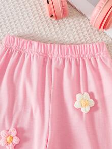 2件套女婴可爱碎花装饰短袖T恤上衣和直筒裤套装，春夏休闲装 - 粉色 - 查看 6