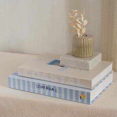 2pcs Modern Coastal Style Decorative Books, Blue-Beige, Suitable For Home Decor On Dining Table, Coffee Table, Bookshelf, Elegant Holiday Decoration