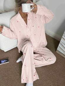 Nina Bonheur 2pcs Women Loose Comfortable Breathable Long Sleeve Top And Long Pants Pajama Set, Cute Home Wear - Pink - View 6