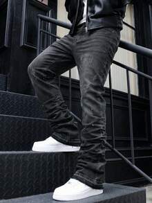 Men's Denim Flare Jeans, Skinny Fit Pants, Distressed Flare Jeans With Patches, Y2K Stacked Jeans, Contrast Washed Embroidered Jeans, Suitable For All Seasons - Black - View 1