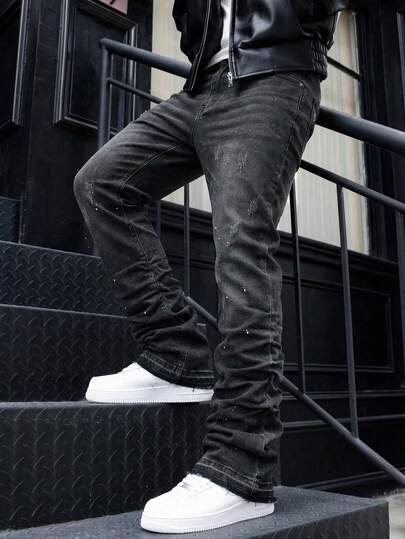 Men's Denim Flare Jeans, Skinny Fit Pants, Distressed Flare Jeans With Patches, Y2K Stacked Jeans, Contrast Washed Embroidered Jeans, Suitable For All Seasons