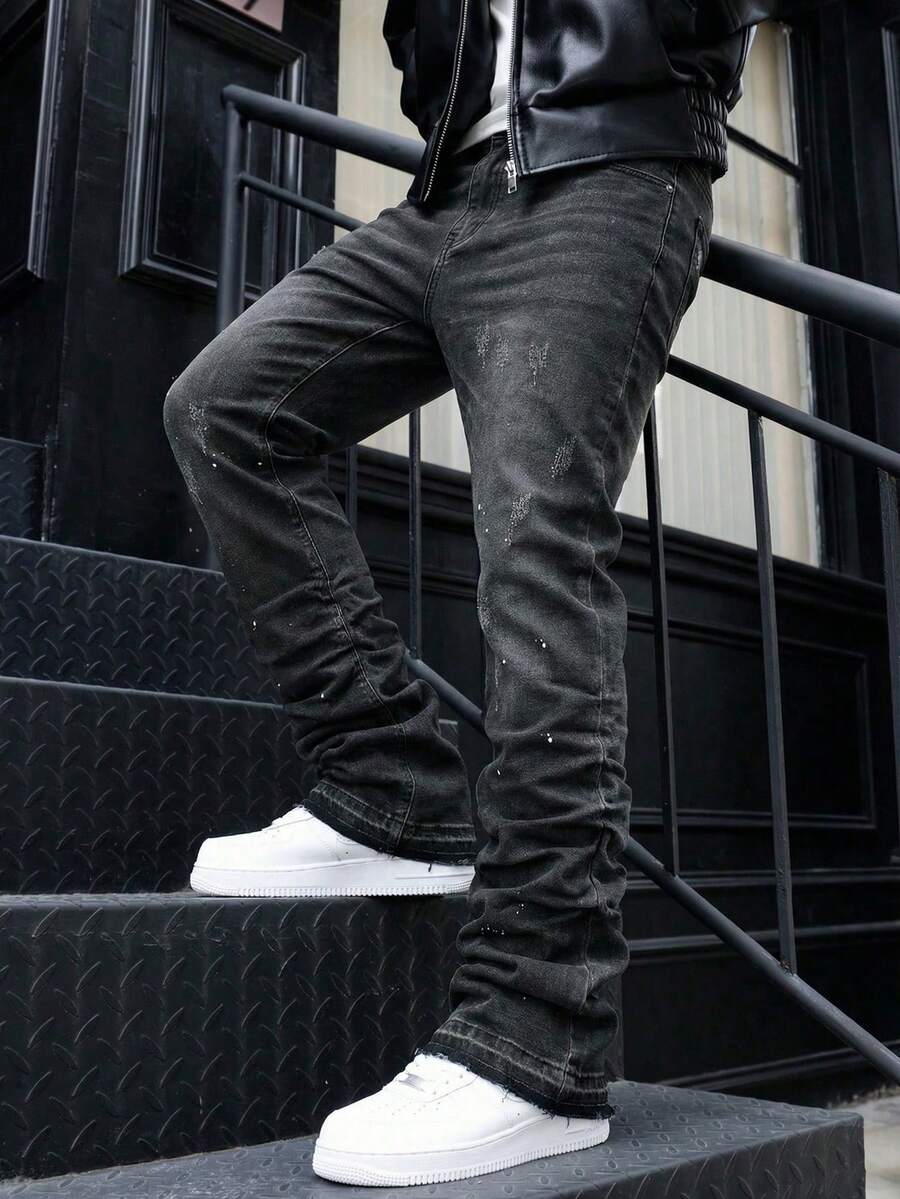 Men's Denim Flare Jeans, Skinny Fit Pants, Distressed Flare Jeans With Patches, Y2K Stacked Jeans, Contrast Washed Embroidered Jeans, Suitable For All Seasons - Black - View 1