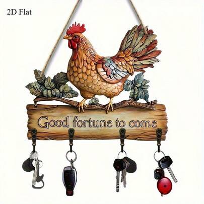 A Vibrant Wooden Rooster-Shaped Key Holder With 4 Metal Hooks. This Country-Style Wall Decor Is Easy To Install And An Ideal Choice To Decorate Your Porch, Room Or Villa, Displaying The Fun Rooster Pattern Year-Round.