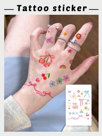 1张多巴胺、樱桃、蝴蝶结、彩虹水彩风格手部临时纹身贴纸，适合女性，防水防汗，可水洗。