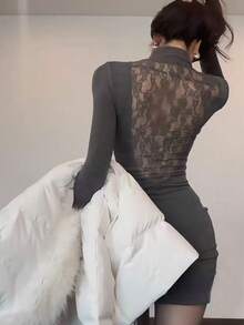 [Y6Y] Women's Lace Backless Sexy Bodycon Dress, High Neck Long Sleeve Fitted Style, Suitable For Spring - Grey - View 8